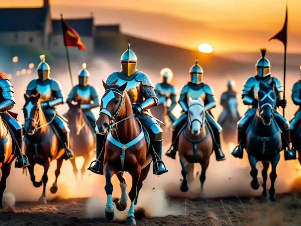 Épica batalla medieval al atardecer: caballeros en combate Épica batalla medieval al atardecer, caballeros en armadura y banderas ondeando