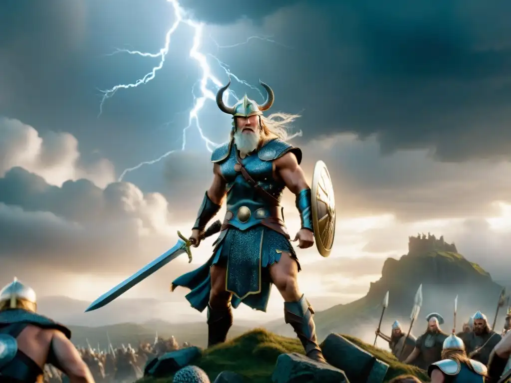 Épica batalla de Ragnarok en la mitología nórdica, con dioses y criaturas en un dramático duelo