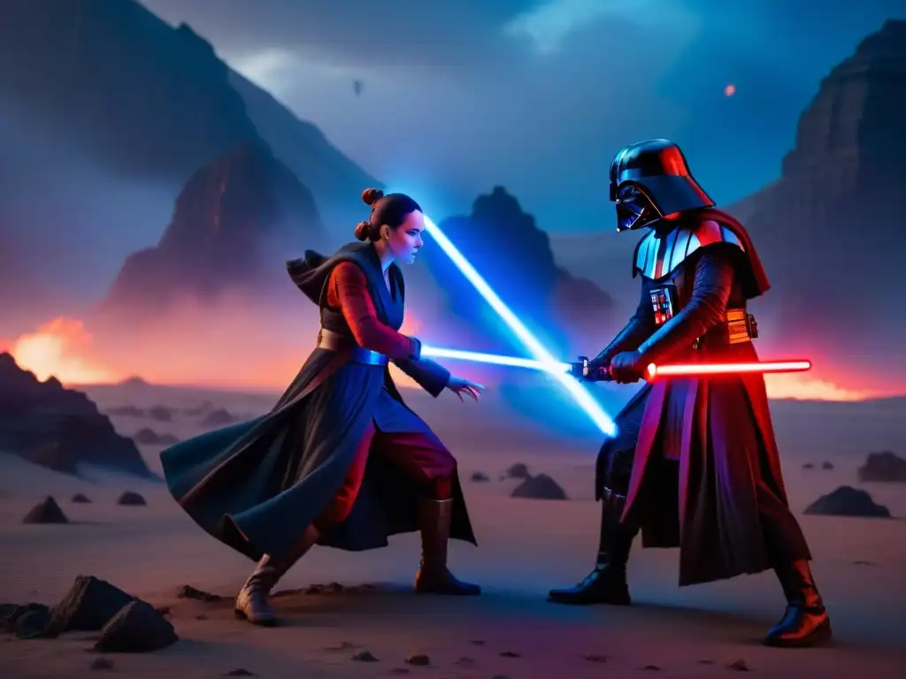 Épica batalla de sables láser entre Jedi y Sith en un planeta volcánico, reflejando las lecciones morales Star Wars profundo