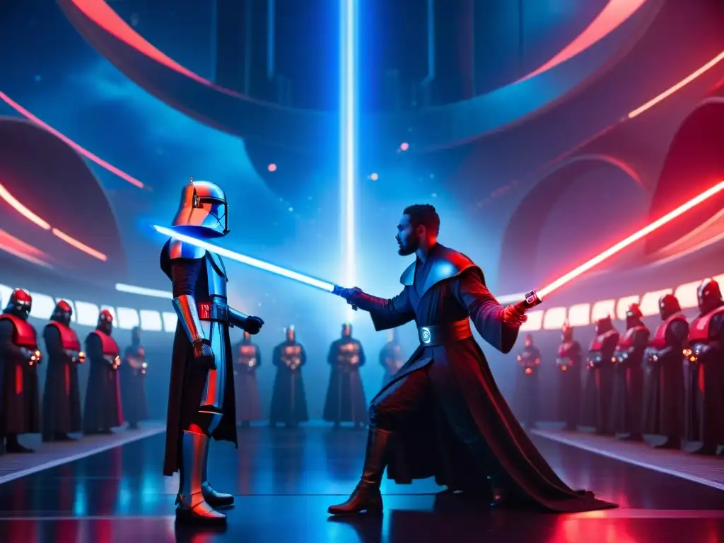 Épica batalla de sables láser entre Jedi y Sith en escenario futurista