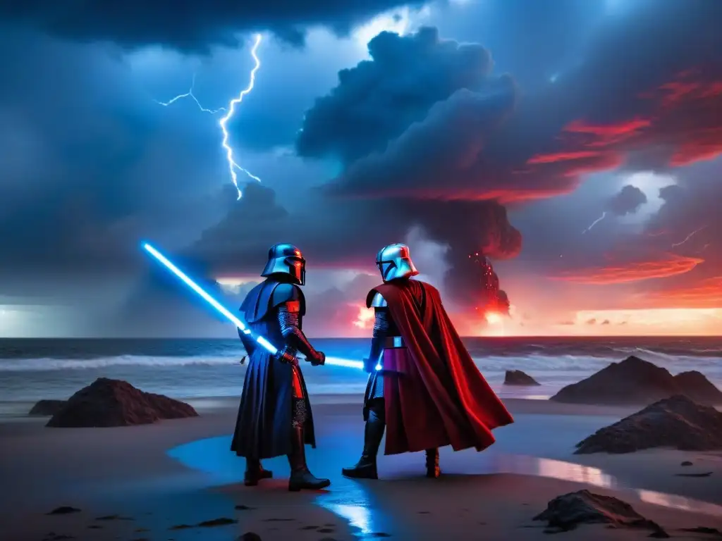 Épica batalla de sables láser entre Jedi y Sith en un planeta desolado bajo la lluvia, simbolizando lecciones morales Star Wars profundo