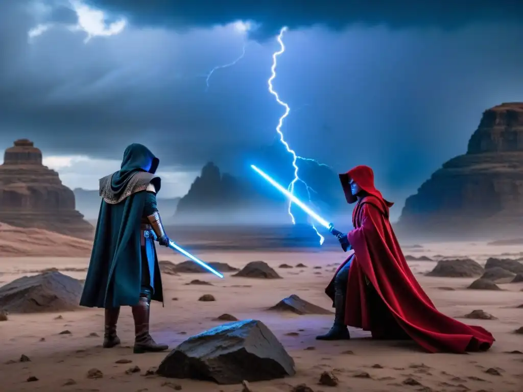 Épica batalla entre Jedi y Sith en planeta rocoso bajo tormenta, listos para luchar