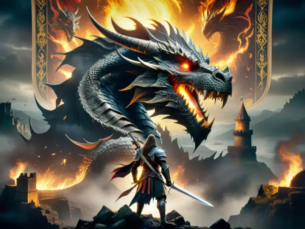 Épica confrontación entre dragón y caballeros en paisaje desolado, simbolizando mitología en mundos ficticios profundos