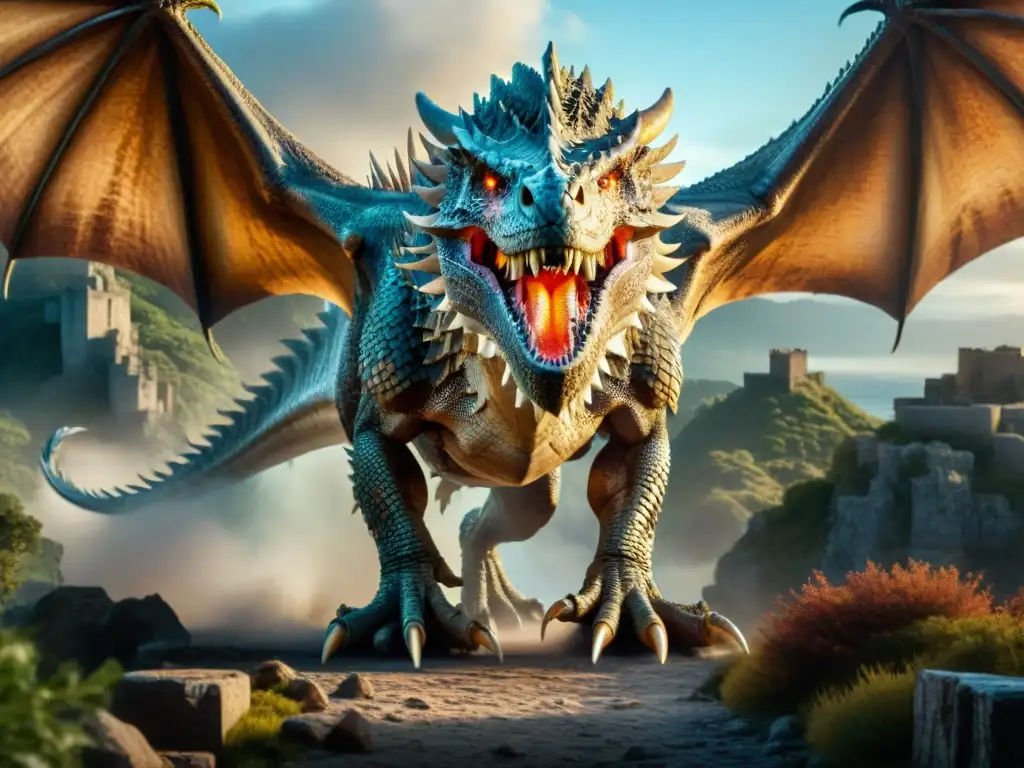 Épica comparativa entre dragón de Game of Thrones y Tiranosaurio, en escenario místico