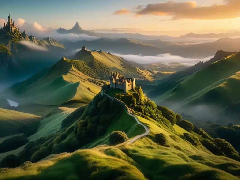 Una épica escena cinematográfica de paisajes de Middleearth con colinas verdes, montañas imponentes y un majestuoso castillo a lo lejos