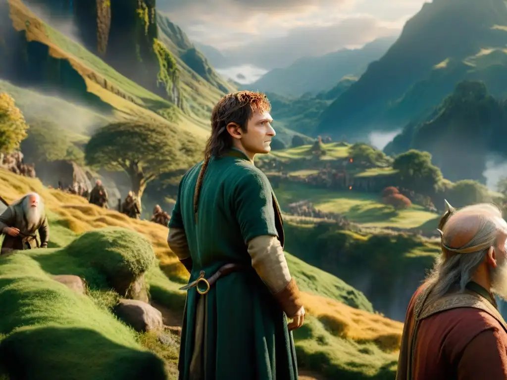 Épica escena de 'El Hobbit' con clases sociales en conflicto: enanos, elfos, hobbits y hombres enfrentados en un mundo fantástico