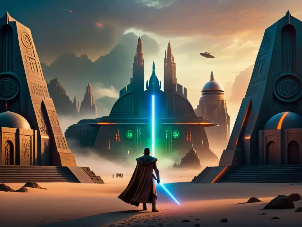 Épica escena de Jedi y Sith frente a un antiguo templo, con sables láser brillantes