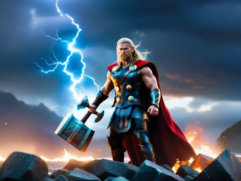 Épica escena: Thor, dios nórdico del trueno, enfrenta a un feroz guerrero vikingo