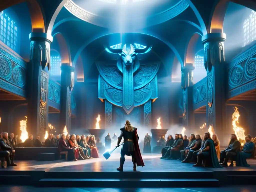 Ilustración épica de un majestuoso salón en Asgard, con Odin, Thor, Loki y otros dioses nórdicos