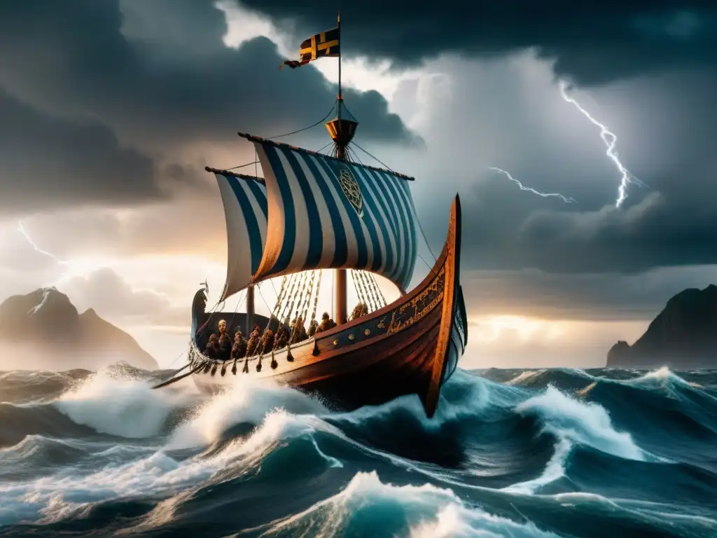 Un épico barco vikingo en tormenta con guerreros y runas: Mitología Nórdica en Literatura Escandinava