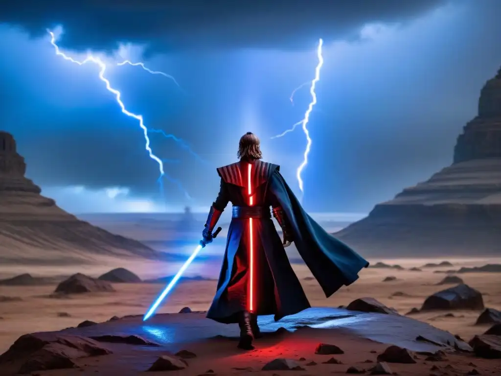 Épico duelo entre Jedi y Sith en un terreno rocoso bajo un cielo tormentoso