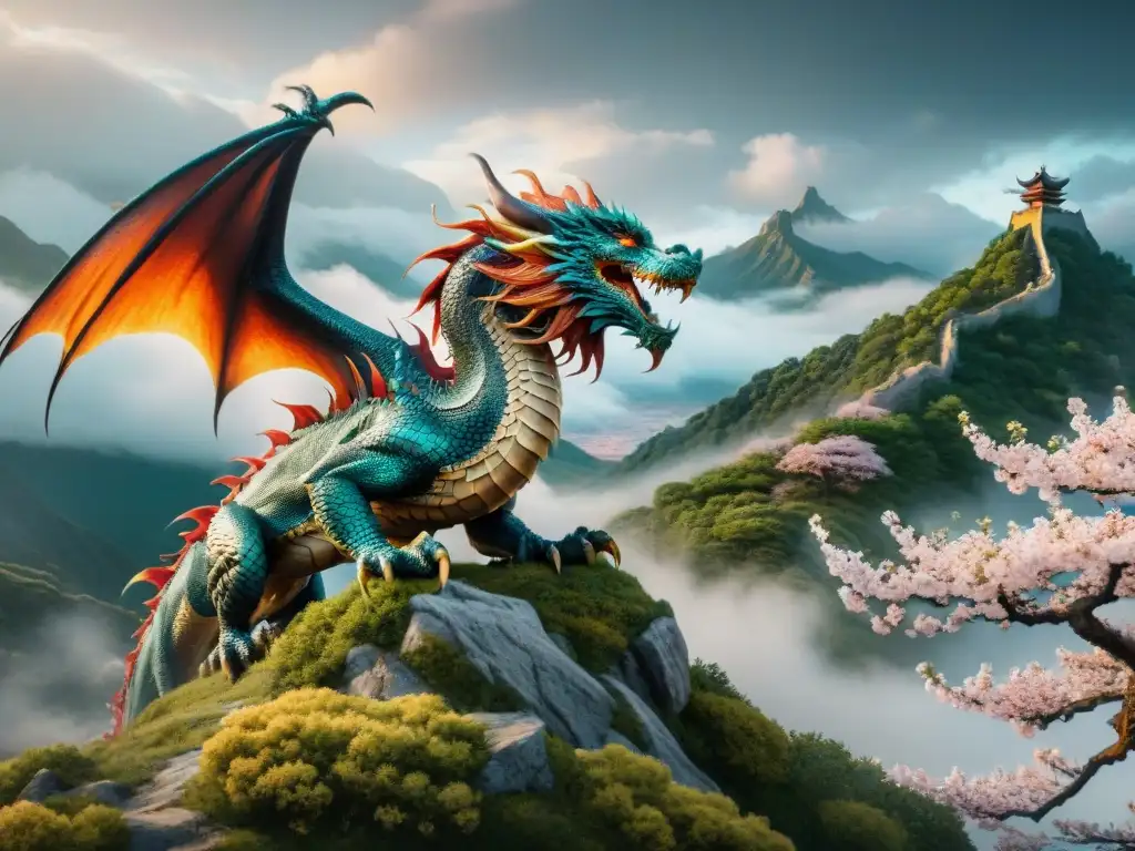 Un épico enfrentamiento entre dragones occidentales y orientales en paisajes contrastantes