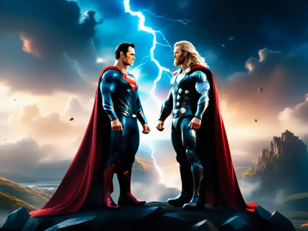 Épico enfrentamiento entre Superman y Thor, dioses en películas de ficción, con capas al viento y Mjolnir brillando