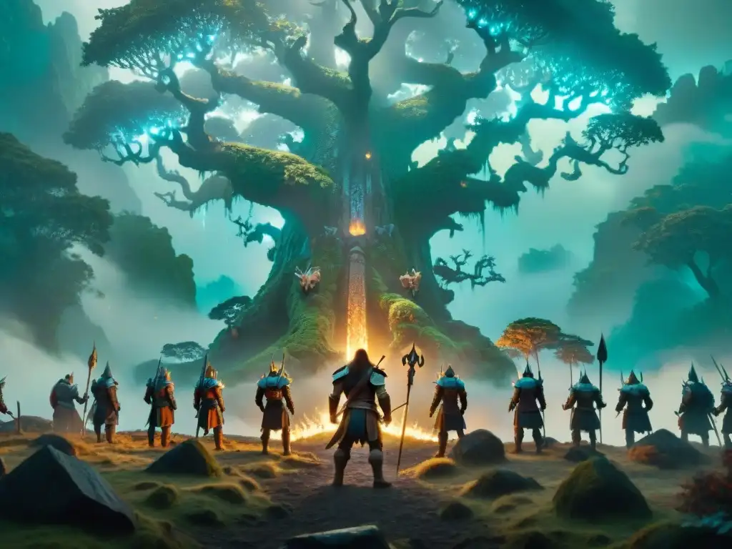Un épico escenario cinematográfico de un antiguo bosque con guerreros y bestias fantásticas