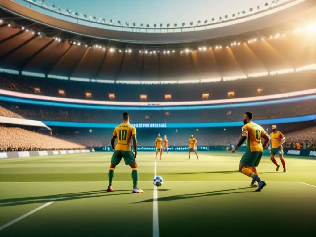 Épico juego de fútbol virtual en un estadio forestal futurista, con personajes de fantasía y tecnología