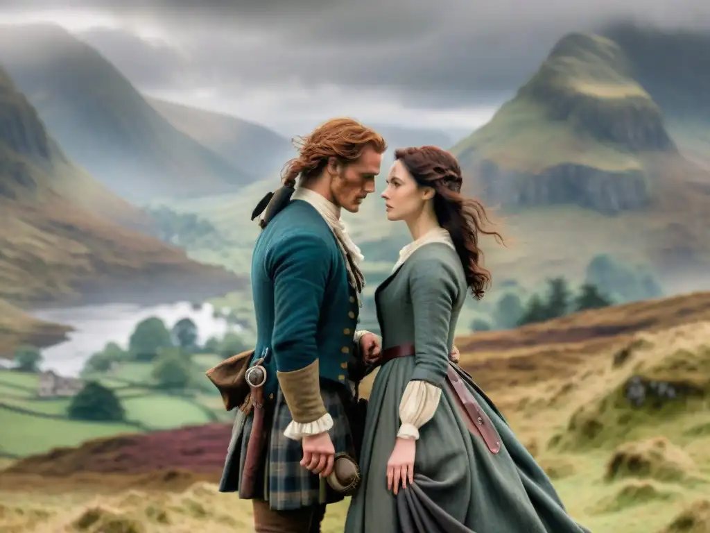 Equilibrio creativo en Outlander: Claire y Jamie en dos mundos contrastantes, uniendo historia y creatividad