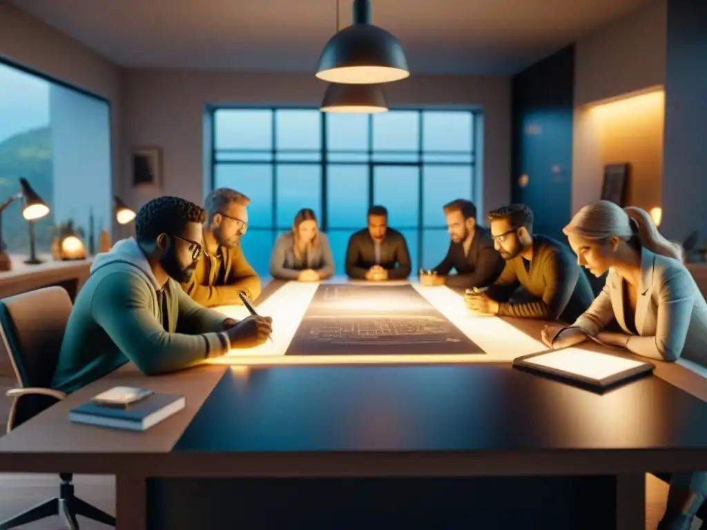 Equipo de artistas crea personajes en mesa llena de arte y herramientas en ambiente creativo