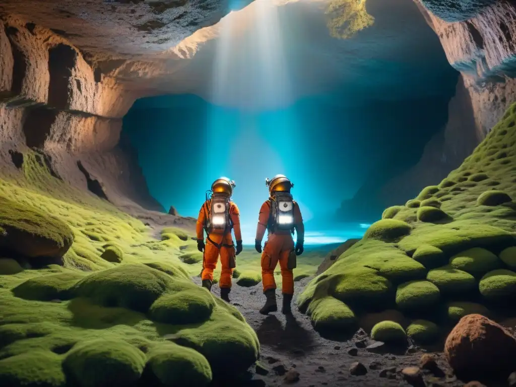 Equipo de astronautas explorando cueva alienígena con tecnología avanzada y luces futuristas