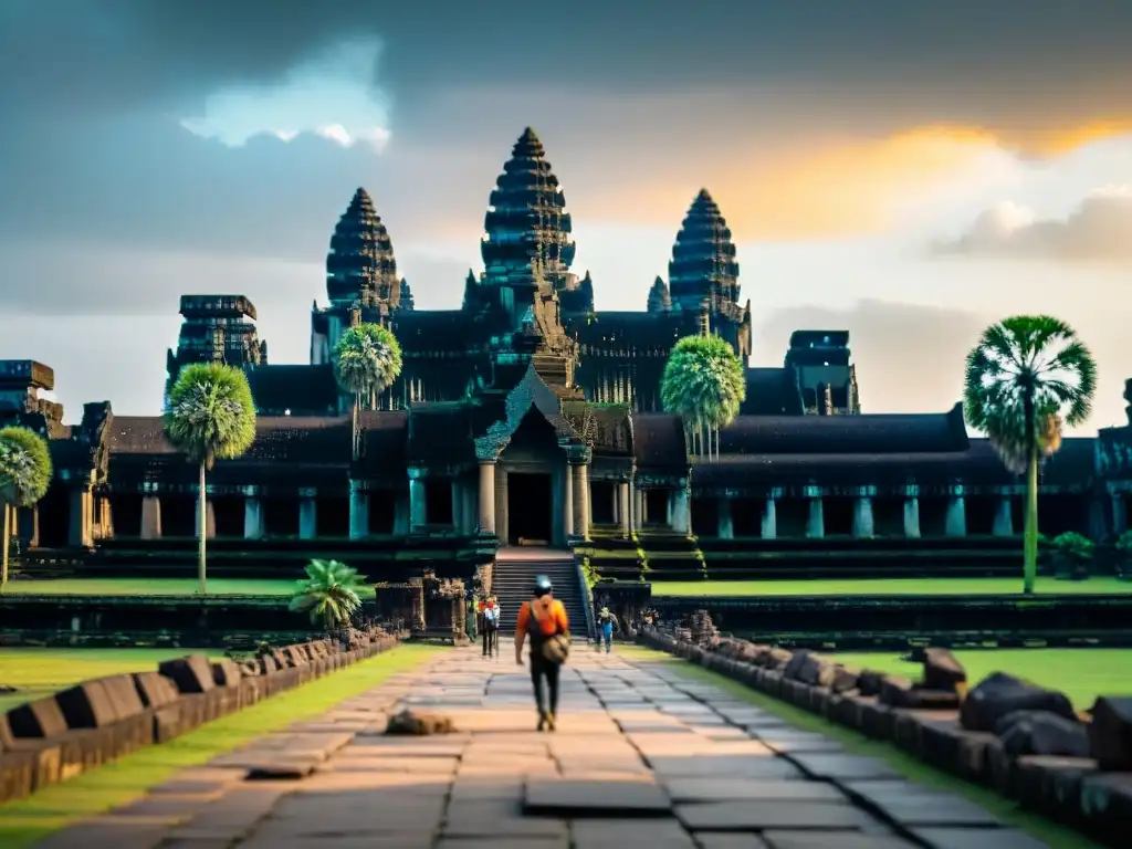 Equipo de filmación preparando cámaras en Angkor Wat en Tomb Raider