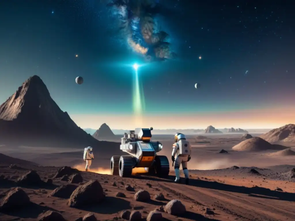 Equipo diverso de astronautas supervisa extracción recursos asteroides tecnología ética en espacio sideral