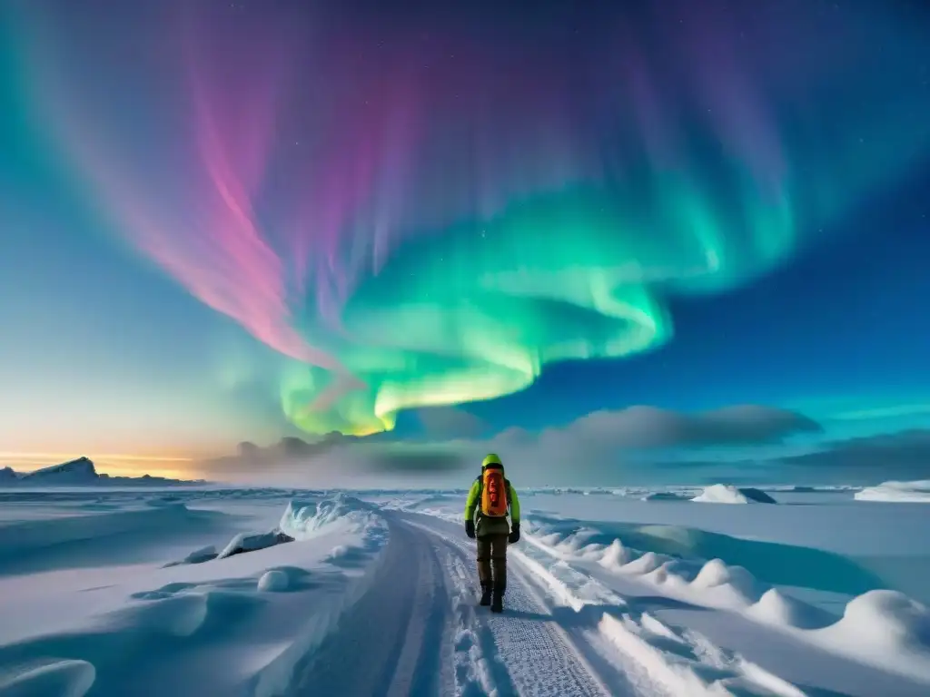 Un equipo diverso se adapta a climas extremos en una tundra helada bajo la aurora boreal