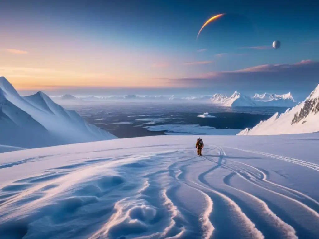 Equipo de exploradores en paisaje helado similar a Hoth, con anillos de Saturno brillando en el cielo