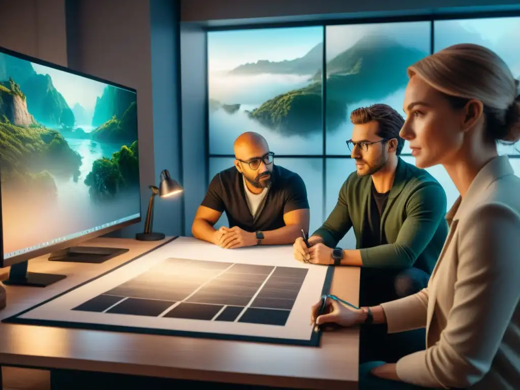 Un equipo crea con pasión un personaje de mundo ficticio en un estudio iluminado, centrados en el proceso creativo