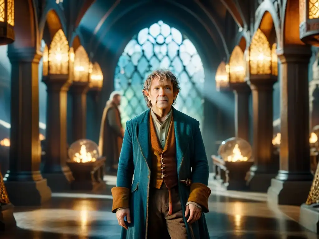 Bilbo Baggins en Erebor, rodeado de tesoros y el Arkenstone en un trono, captura la esencia de la adaptación trilogía cinematográfica El Hobbit