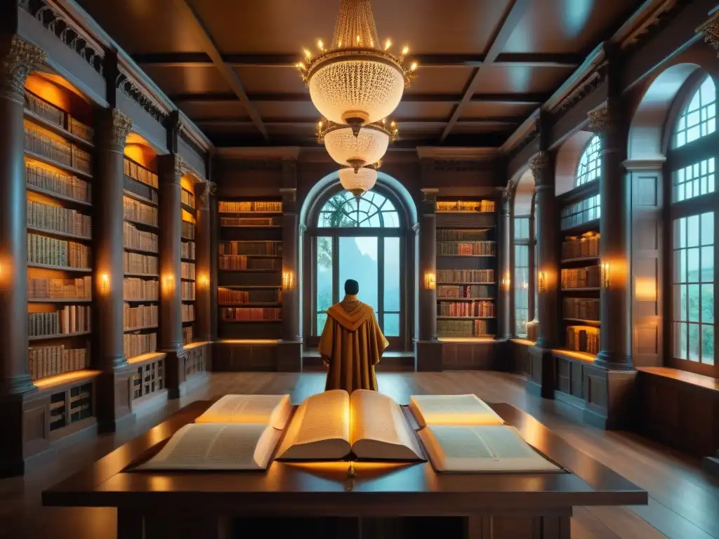 Misterios en la biblioteca: explorando un mundo fantástico Un erudito estudia un mapa detallado en una majestuosa biblioteca iluminada por candelabros, evocando un ambiente de descubrimiento