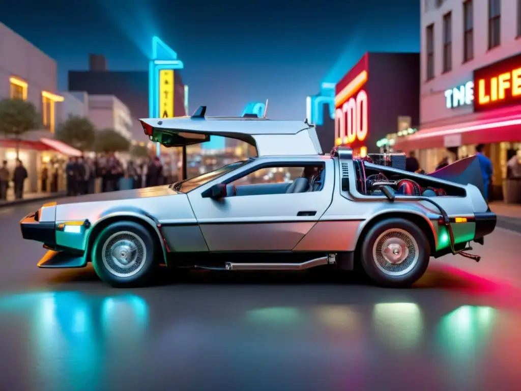 Una réplica a escala real del icónico DeLorean de 'Back to the Future' en un entorno futurista con luces neón