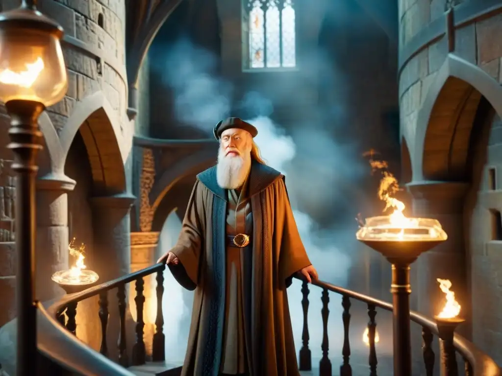 Albus Dumbledore en la escalera de Hogwarts, con luz cálida, evocando Estrategias de liderazgo de Dumbledore