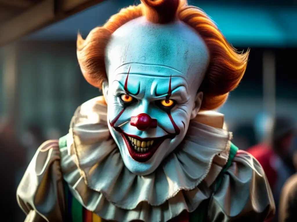 Clown siniestro en la oscuridad de un circo: dualidad de Pennywise Un escalofriante payaso en la penumbra de un carnaval, evocando a Pennywise de 'IT' Stephen King