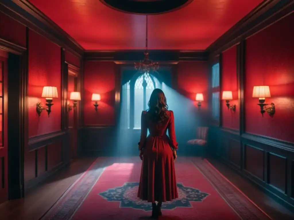 Escena aterradora de 'The Haunting of Hill House' en la icónica Sala Roja, bañada en luz roja con detalles arquitectónicos y atmósfera inquietante