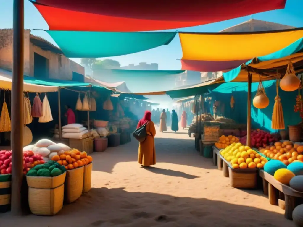 Escena bulliciosa en el mercado de El Nombre del Viento, donde la economía y la intriga se entrelazan bajo coloridas carpas