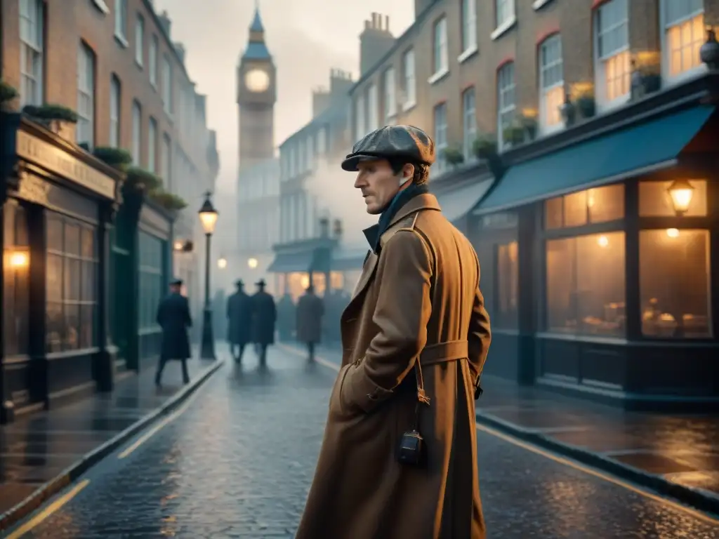 Una escena callejera moderna con una figura misteriosa al estilo de Sherlock Holmes, iluminada por una lámpara de gas, en un entorno neblinoso