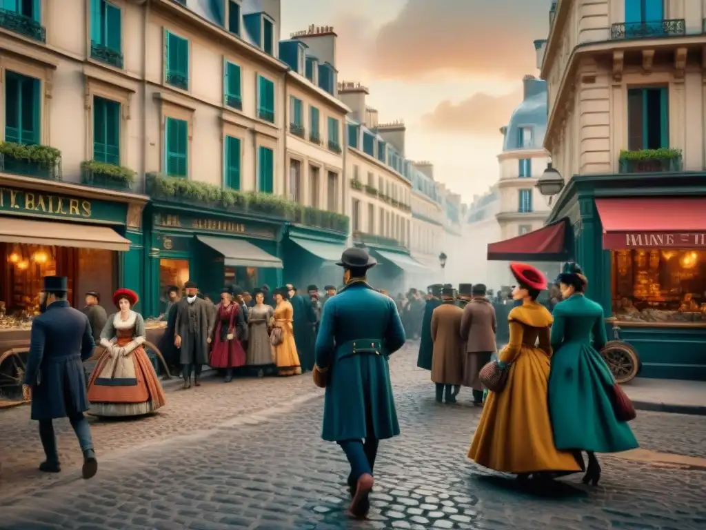 Escena callejera de París en el siglo XIX, reflejando los miserables de la historia francesa con colores vibrantes y dramática iluminación