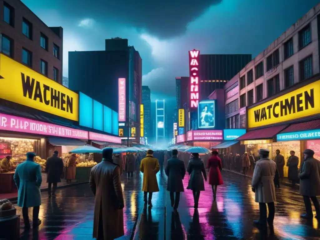 Escena caótica de comercio en la distopía Watchmen: tecnología futurista, superhéroes y vendedores bajo un cielo ominoso