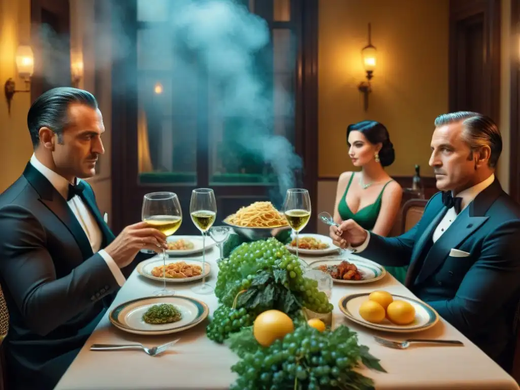 Escena de cena familiar italiana de 'El Padrino' con opulencia y tradición, en un ambiente de sofisticación y secretos