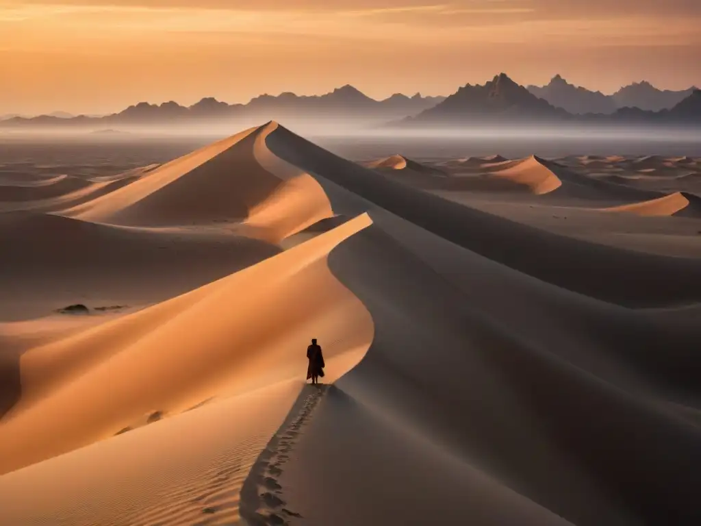 Escena cinematográfica del desierto de Arrakis en Dune, con dunas, cielo naranja, dos lunas y figura en traje de supervivencia