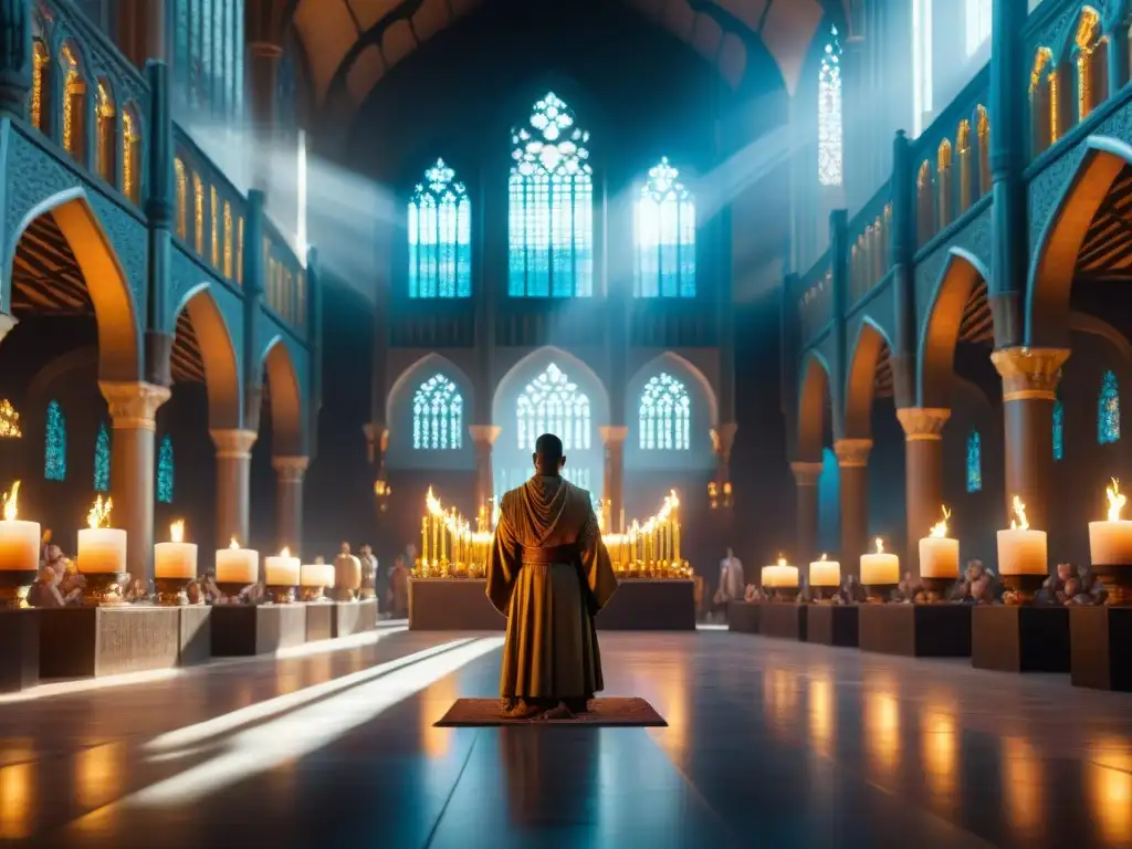 Una escena cinematográfica detallada de adoradores en un templo de los Siete Reinos, con actos de devoción y arquitectura grandiosa