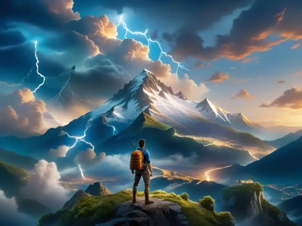 Dramático Monte Olimpo: morada de los dioses griegos Una escena cinematográfica de los Dioses griegos en Percy Jackson en el majestuoso Monte Olimpo, iluminado por relámpagos en una noche estrellada