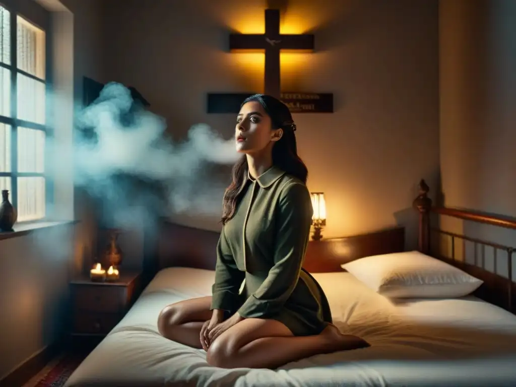 Escena cinematográfica de El Exorcista: niña poseída levita sobre cama, con símbolos religiosos y sacerdote en habitación tenue y tensa