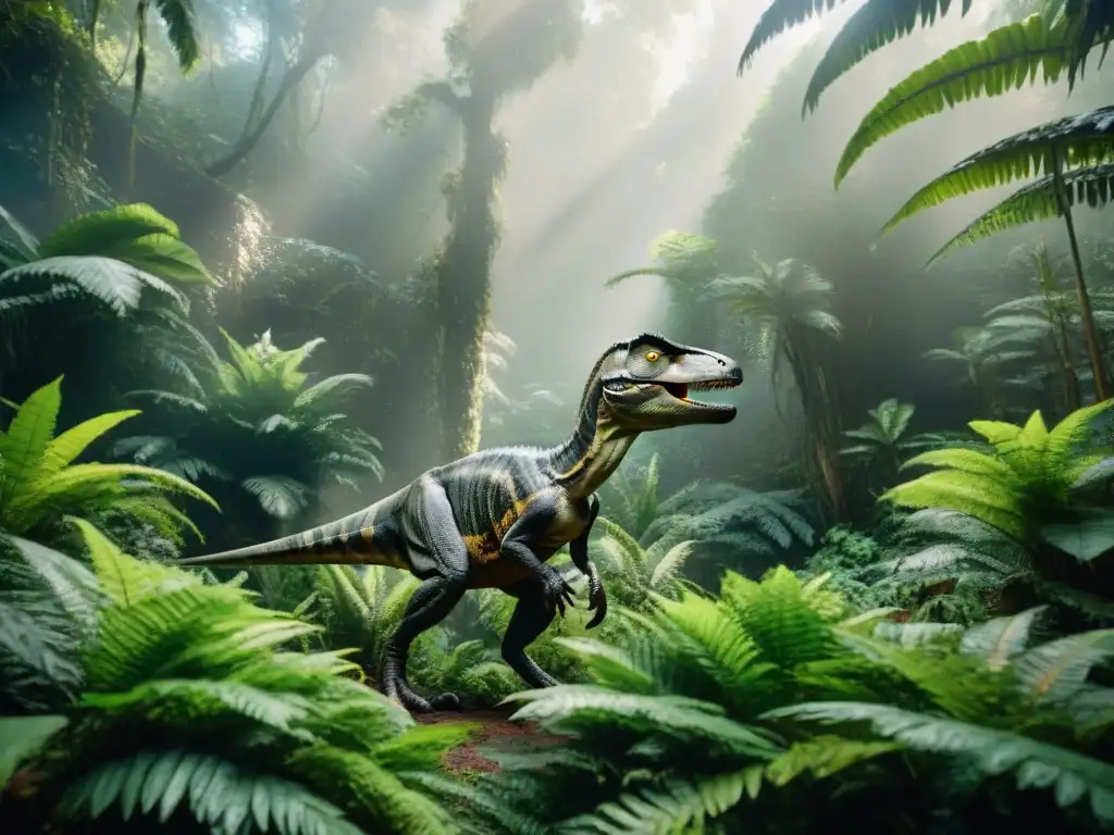 Escena cinematográfica de la exuberante selva tropical con un velociraptor, evocando la exploración de 'Jurassic Park'