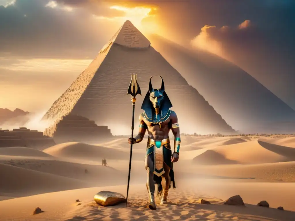 Escena cinematográfica grandiosa con Anubis, dios egipcio, en la entrada del Inframundo