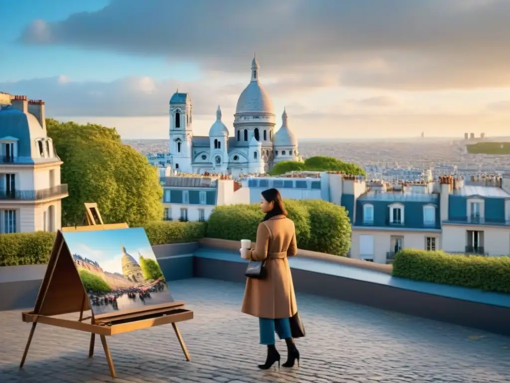 Escena cinematográfica en Montmartre, París: calles empedradas, cafés acogedores y la Basílica del SacréCœur