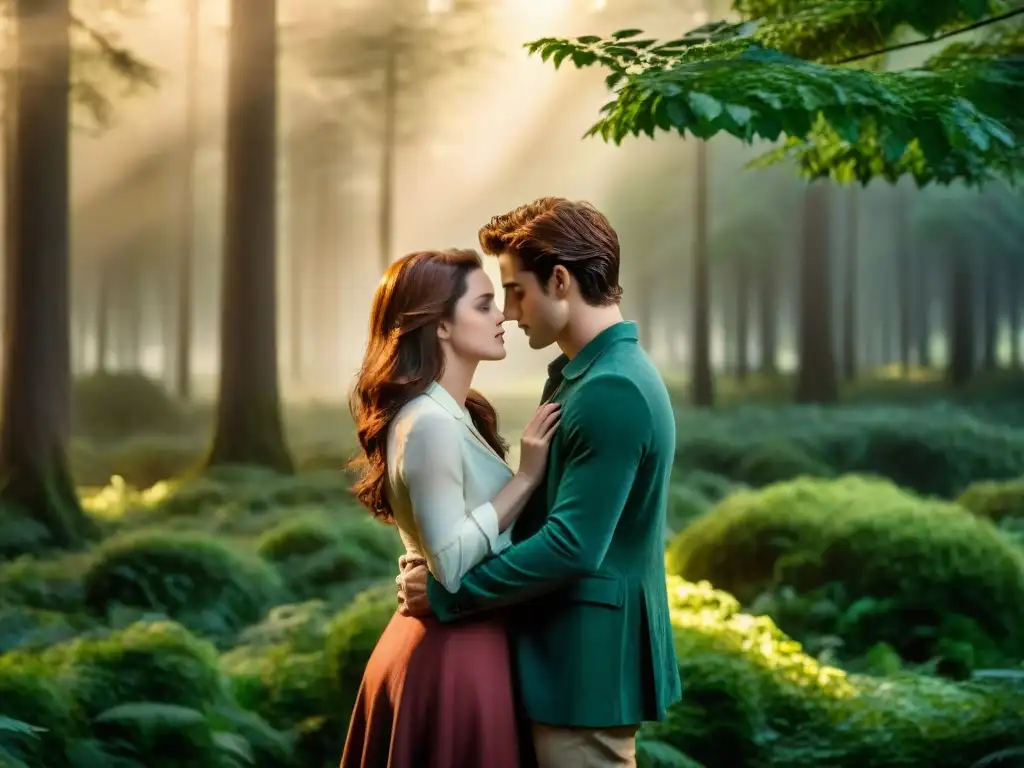 Una escena cinematográfica de la icónica adaptación de Twilight, donde Edward y Bella comparten un tierno momento en un bosque verde y soleado