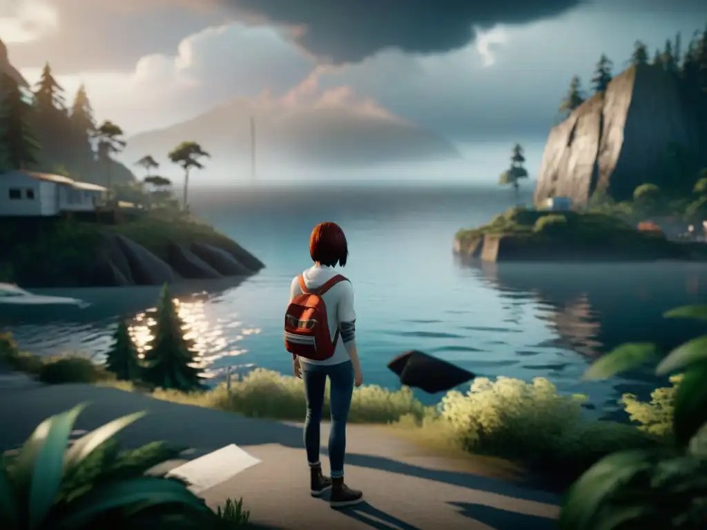 Escena de consecuencias de tus elecciones en Life is Strange: Arcadia Bay próspero frente a la ciudad devastada bajo nubes de tormenta