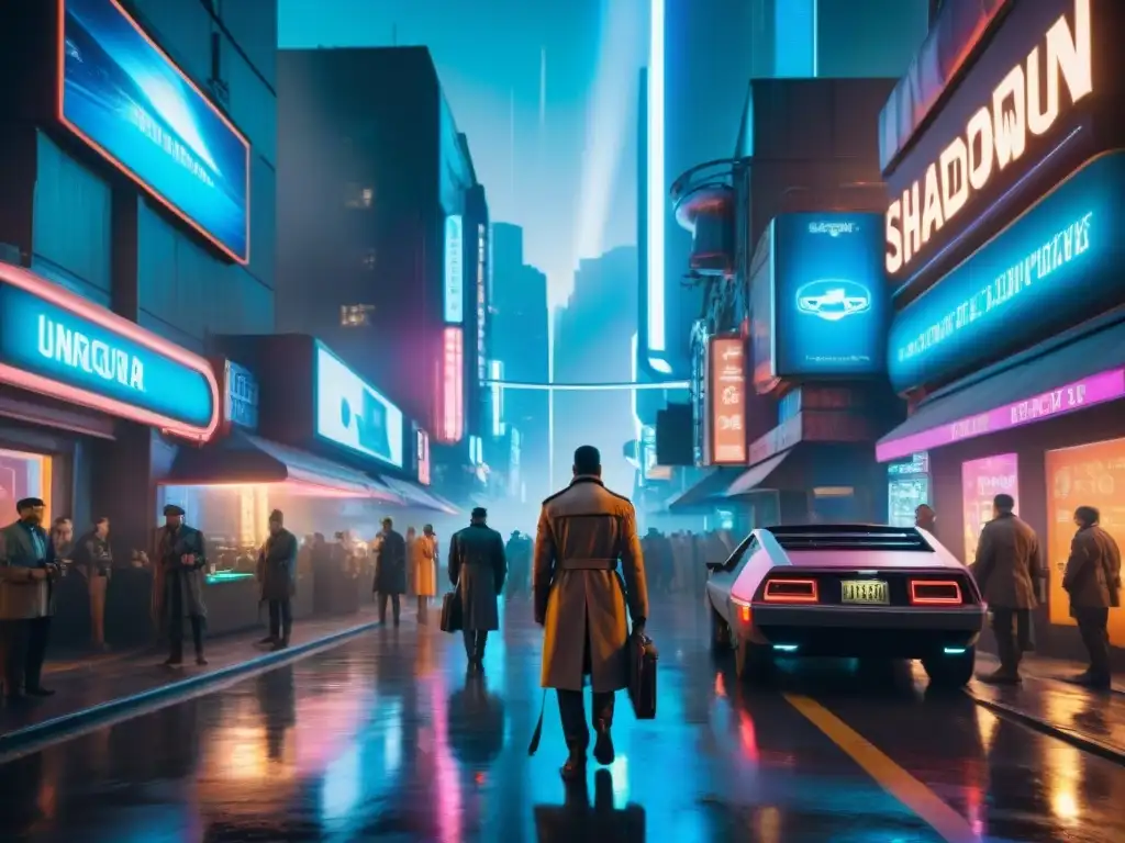 Escena cyberpunk en una ciudad bulliciosa, con tecnología avanzada y economía oculta en Shadowrun