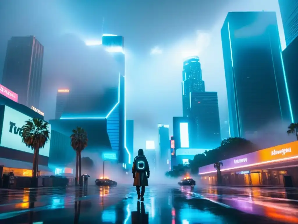 Escena cyberpunk de Los Ángeles: rascacielos neón, autos voladores y lluvia