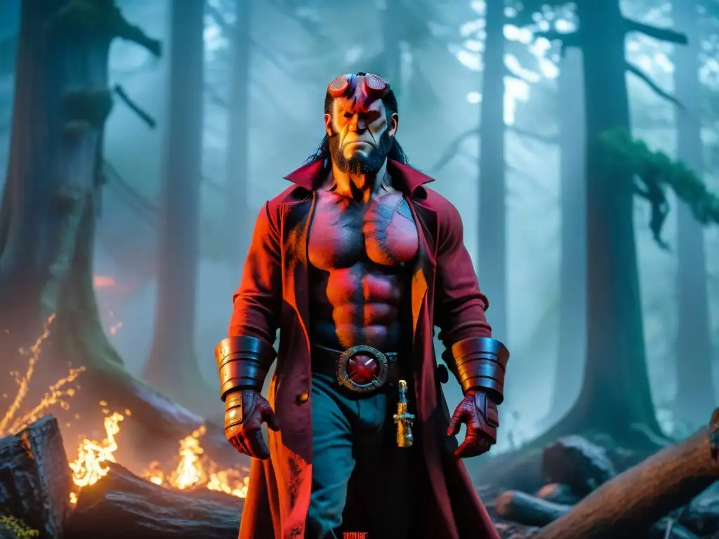 Escena detallada de Hellboy en un bosque neblinoso, con un resplandor místico en su mano, rodeado de criaturas mitológicas y símbolos antiguos